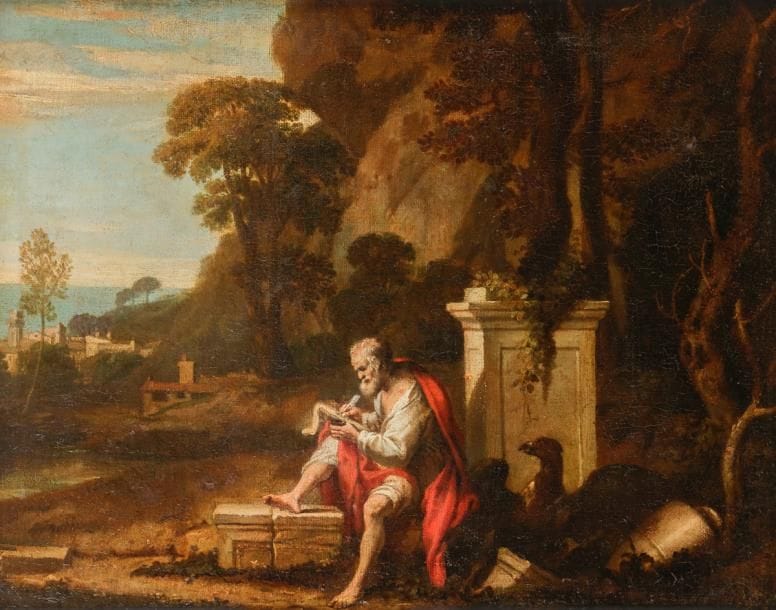 École ROMAINE vers 1650
Saint Jean à Patmos
Toile 
33 x 43,5 cm
Restaurations anciennes