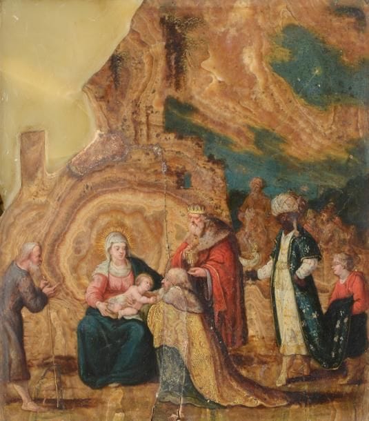 École FLAMANDE du XVIIe siècle
L’adoration des mages
Albâtre
28 x 25,5 cm
Importantes restaurations anciennes et fentes