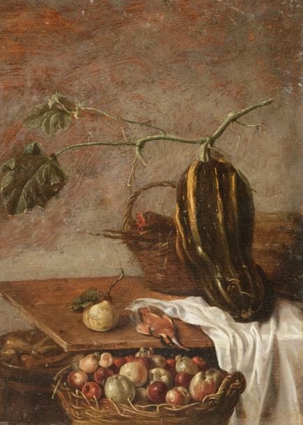 Sybrand Van BEEST (1610 - 1674)
Nature morte de fruits et de légumes
Panneau, fragment (?)
27 x 19,5 cm
Signé en bas à gauche sur l’entablement
Restaurations anciennes
Sans cadre

Provenance :
Vente anonyme, Monaco, 26 juin 1983 (Sotheby’s), n° 445

BIBLIOGRAPHIE:
Erika Gemar-Koeltzsch, Holländische Stillebenmaler im 17. Jahrhundert, Luca Bild-Lexicon, volume 2, Lingen, 1995, p.72 (repr 18/2).
 