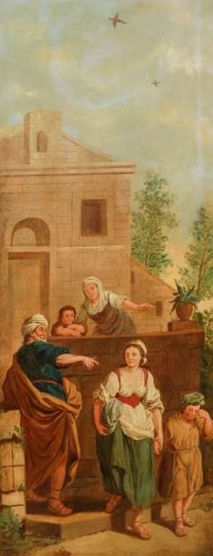 École HOLLANDAISE du XVIIIe 
Eliezer et Rebecca 
Le départ d’Agar et Ismaël
Paire de toiles 
185 x 74 cm
Restaurations anciennes
Sans cadre
