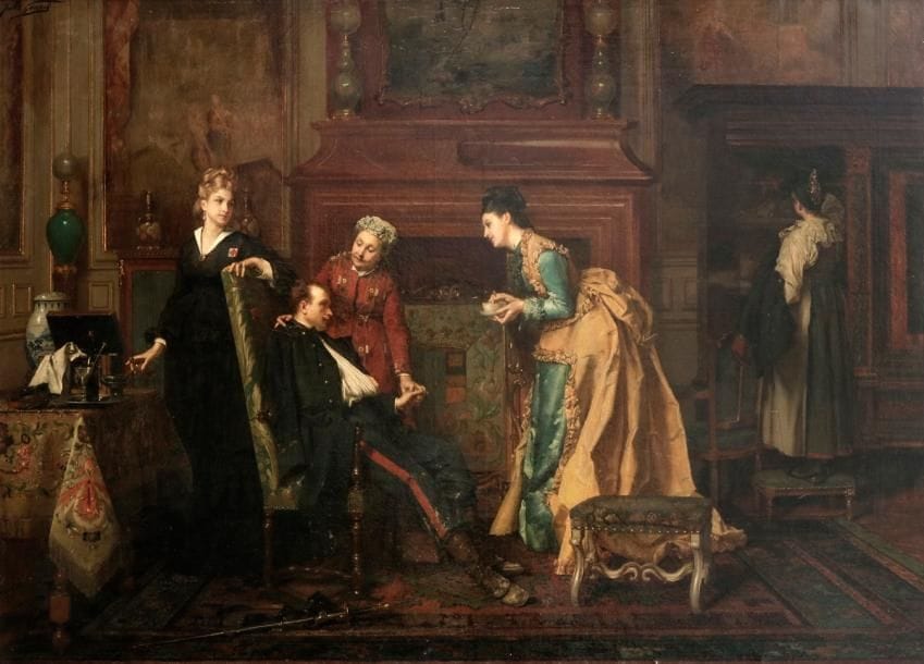 Jules Adolphe GOUPIL (Paris 1839 - 1883)
Le réconfort du soldat
Toile
86 x 120 cm
Signée en haut à gauche : Jules Goupil

Les deux galons sur le manteau indiquent qu’il s’agit d’un lieutenant, le pantalon bleu foncée à bande rouge laisse à penser qu’il s’agit d’un officier d’artillerie ou de la Garde nationale. L’épisode représenté peut être clairement daté de la guerre de 1870. Les armoiries représentées sur le pare-feu devant la cheminée sont celles d’une famille aristocratique d’ancienne noblesse, la Couronne est ducale.