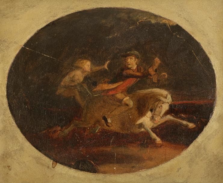 Attribué à James DRUMMOND (1816-1877)
Tam O’Shanter poursuivi par la sorcière Nannie
Papier ovale marouflé sur panneau de noyer 
15,5 x 18,5 cm
Petites restaurations anciennes et tout petit manque

Le sujet écossais est tiré d’un poème de Robert Burns (1791).