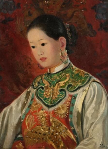 Paul-Albert LAURENS (1870-1934)
Portrait de femme asiatique en costume traditionnel
Huile sur toile.
Signée en bas à droite.
56 x 41,5 cm