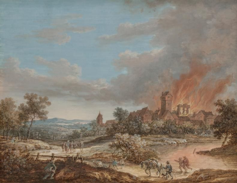 Louis-Nicolas van Blarenberghe  (Lille, 1716 - Fontainebleau, 1794)
Villageois regardant l’incendie d’un village.
Gouache 
H. 18,4 cm, L. 24,1 cm.
Signée en bas à gauche : Van Blarenberghe
Cadre en bois doré.
Quelques petites écaillures


Provenance : hôtel Drouot, Rossini SA, 29 mars 2002, n°21 repr.
Exposition : musée de Montélimar, De la guerre en dentelles aux charges héroïques, miniatures des van Blarenberghe et de la légende napoléonienne, 2006, n°17 repr.
Bibliographie : Lemoine-Bouchard N., Les peintres en miniatures actifs en France, 1650-1850, 2008, ed. de l’Amateur, p. 509 repr.
