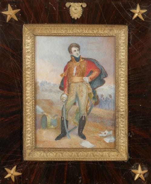 Général Comte Fournier Sarlovèze, d’après le tableau du baron Gros de 1812 (Louvre)
Miniature sur ivoire, XXe siècle
à vue 13,9 x 10 cm; cadre de style Empire 19,3 x 13 cm
