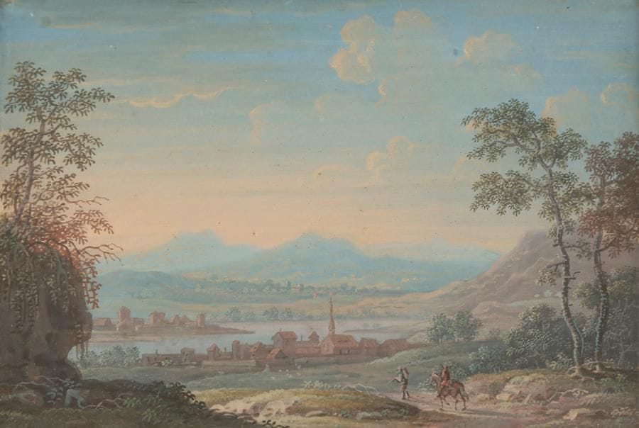 Louis-Nicolas van Blarenberghe (Lille, 1716 - Fontainebleau, 1794) 
ou son fils Henri-Joseph van Blarenberghe (1750-1826)
Cavalier et paysan dans un vaste paysage fluvial 
Miniature sur vélin, XVIIIe siècle
Rect. H. 7 cm, L. 9,5 cm
Signée en bas à gauche: V.B.
Cadre en métal torsadé doré (petit éclat au verre en bas à gauche)