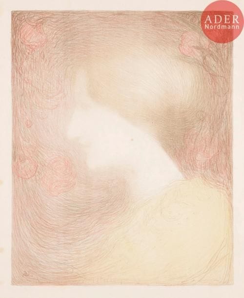 Edmond AMAN-JEAN
 Tête de femme, de profil à gauche. Vers 1897. Lithographie. 477 x 387. Johnson 2. Impression en couleurs. Très belle épreuve sur japon, ni signée ni numérotée. Empoussiérage, rousseurs, plis souples et fins plis cassés (certains en travers du sujet). Toutes marges non ébarbées. Tirage à 100 épreuves. A. Vollard éd.