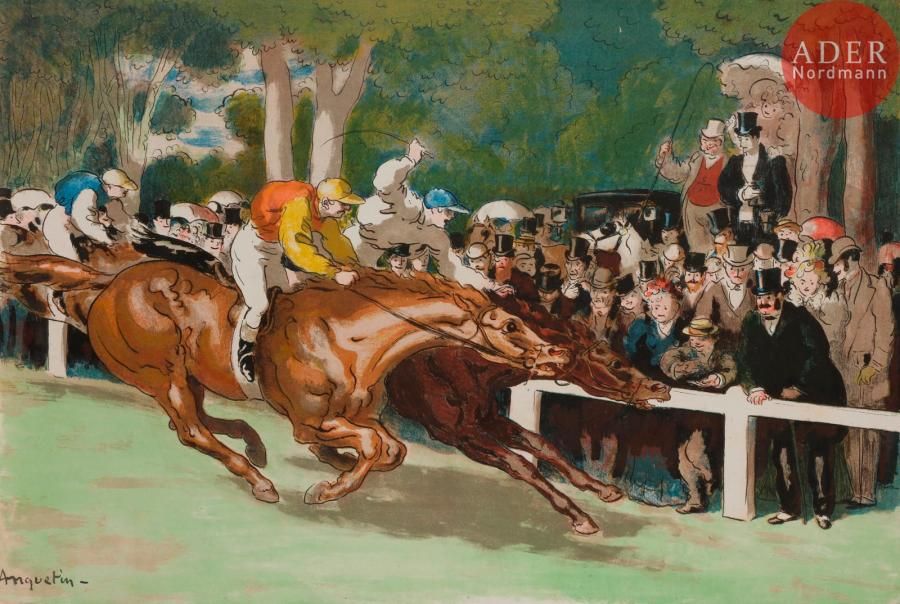 Louis ANQUETIN
 Un Canter. 1898. Lithographie. 346 x 509. I.F.F. [5]. Impression en couleurs. Très belle et fraîche épreuve sur chine volant, timbrée par l’éditeur G. Pellet (Lugt 1190, timbre passé), numérotée au crayon. Larges rousseurs claires. Sans marges comme à l’ordinaire. Tirage à 50 épreuves. Joint : même sujet. Très belle épreuve sur chine volant, avec légère variante de couleurs (le vert plus soutenu), non numérotée. Infime corps étranger dans le ciel (inhérent à la texture du papier). Courts pli et déchirure en bas du feuillet à droite. Ens. 2 p.