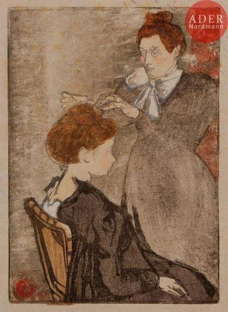 Maurice DELCOURT
 La Coiffure. 1899. Bois gravé. 138 x 99. I.F.F. 4. Très belle épreuve sur japon vergé, timbrée, signée au crayon et datée « février 1899 ». Nombreuses rousseurs et traces de plis aux bords du feuillet. Semis de petites taches aux bords du feuillet au verso. Toutes marges. Tirage à 100 épreuves.