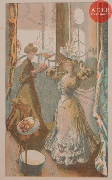 Maurice DELCOURT
 Modiste. Vers 1900. Bois gravé. 350 x 210. I.F.F. 6. Impression en couleurs. Très belle épreuve sur japon ancien, ni numérotée ni signée. Quelques rousseurs claires. Deux longs plis verticaux dans les marges latérales. Traces de frottement en surface. Toutes marges. Tirage définitif à 50 épreuves pour L’Estampe nouvelle.