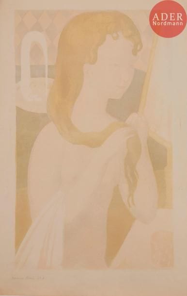 Maurice DENIS
Jeune fille à sa toilette, ou Jeune fille se coiffant. 1895. Lithographie. 530 x 330. Cailler 87. Impression en couleurs. Belle épreuve sur vélin glacé crème, signée et numérotée au crayon. Fort empoussiérage dans la partie supérieure gauche du feuillet. Courts plis de manipulation. Toutes marges. Tirage à 50 épreuves. Édition de la Galerie Sagot-Le Garrec.