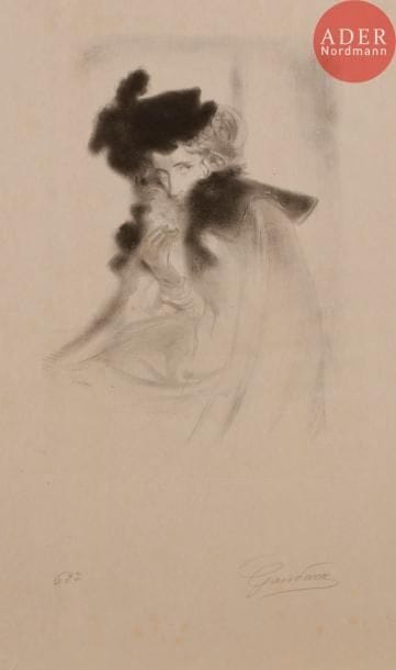 Antonio de La GANDARA
Portrait de femme. 1895. Lithographie. 280 x 200. Stein-Karshan 26. Superbe épreuve sur japon, numérotée et signée au crayon. Quelques rousseurs claires éparses. Plusieurs fins plis cassés, certains en travers du sujet. Toutes marges non ébarbées. Tirage à 100 épreuves. Timbre sec : L’Estampe originale (Lugt 819).