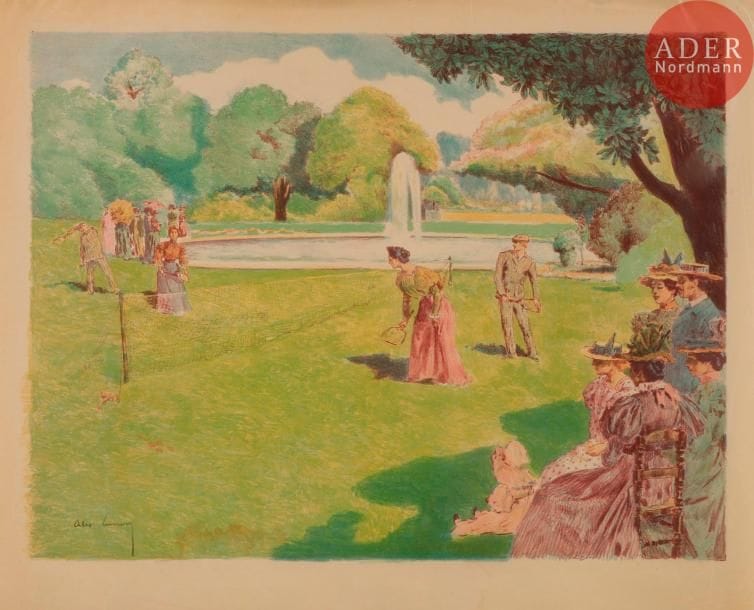 Alexandre LUNOIS
La Partie de volant, ou Lawn Tennis. 1898. Lithographie. 380 x 503. I.F.F. 68 ; Johnson 74. Impression en couleurs. Très belle et fraîche épreuve sur vélin mince chamois, signée au crayon dans le sujet en bas à gauche. Petite auréole claire d’humidité, traces de plis, menus accidents et quelques rousseurs aux bords du feuillet. Double pli horizontal médian. Toutes marges. Tirage à 100 épreuves pour un album non publié. A. Vollard éd.