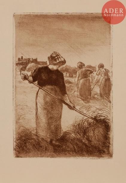 Camille PISSARO
Faneuses. 1890. Eau-forte. 195 x 131. Delteil 94. Très belle et fraîche épreuve tirée en brun-rouge sur vergé crème, pour l’ouvrage de Théodore Duret, Les Peintres impressionnistes, Floury, 1923. Toutes marges. Joint : Paysans portant du foin. 1900. Pointe sèche. 117 x 80. Delteil 126. Très belle épreuve tirée en bistre sur chine volant, du tirage pour G. Geffroy, La Vie artistique, Paris, Floury éd. Ondulations aux bords du feuillet. Trace d’onglet au bord droit. Toutes marges. Ens. 2 p.