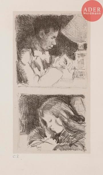 Camille PISSARO
Jeune homme écrivant (portrait de Rodo) ; Paul-Émile Pissarro. Vers 1895. Zincographie (deux sujets sur une même plaque). 225 x 115. Delteil 145 et 146. Très belle épreuve sur chine appliqué, timbrée (Lugt 613e), du tirage de 1923 à 18 épreuves. Infimes rousseurs à peine perceptibles sur le support. Petites épidermures au bord droit au verso. Toutes marges. Tirage total à 58 épreuves (dont 11 du vivant de l’artiste).
