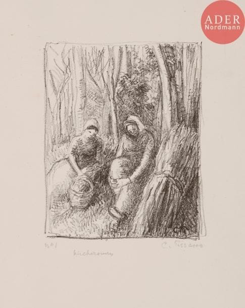 Camille PISSARO
Bûcheronnes. Vers 1896. Zincographie. 128 x 105. Delteil 164. Très belle et fraîche épreuve sur vélin, numérotée, signée et titrée au crayon. Infimes salissures marginales. Toutes marges. Tirage à 11 épreuves du vivant de l’artiste (dont 5 sur ce papier) puis à 18 épreuves posthumes.