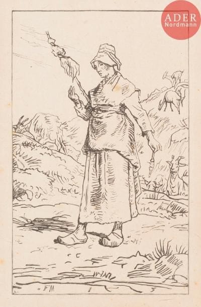 Jean-François MILLET (d’après)
Femme vidant un seau ; Bêcheur au repos ; Fileuse auvergnate. Gravure sur bois (les deux premiers sujets par Pierre Millet). Formats divers. Delteil 32, 34 et non décrit. Belles ou bonnes épreuves sur différents papiers. Quelques rousseurs claires. Petit arrachement dans l’angle inférieur gauche à la 1re. Toutes marges. Ens. 3 p.