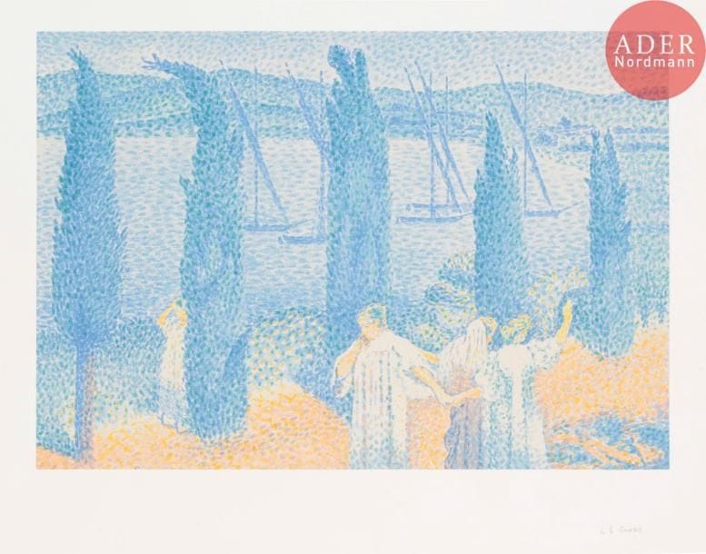 Henri-Edmond CROSS
La Promenade, ou Les Cyprès. 1897. Lithographie. 284 x 412. Johnson 27. Impression en couleurs. Très belle et fraîche épreuve sur chine appliqué sur vélin fort, signée et numérotée au crayon. Quelques infimes plis cassés aux bords du feuillet. Petite auréole claire d’humidité dans l’angle supérieur droit. Toutes marges. Tirage à 100 épreuves pour l’Album d’estampes originales de la Galerie Vollard.