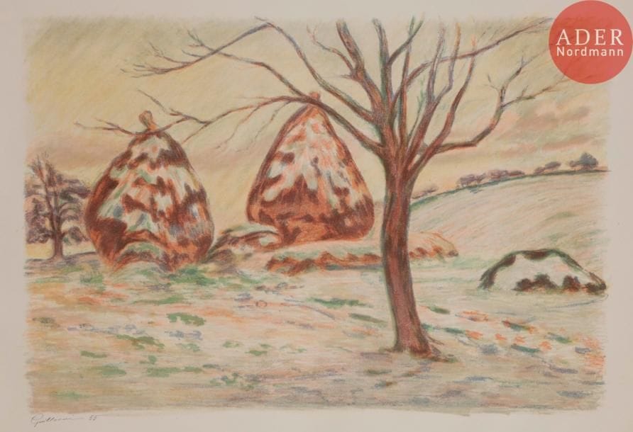 Armand GUILLAUMIN
Paysage aux meules, ou Les Meules en hiver à Palaiseau. 1898. Lithographie. 353 x 515. Kraemer 22. Impression en couleurs. Très belle et fraîche épreuve sur vergé crème filigrané « mbm », signée et numérotée à la plume et à l’encre. Toutes marges non ébarbées. Tirage à 100 épreuves.