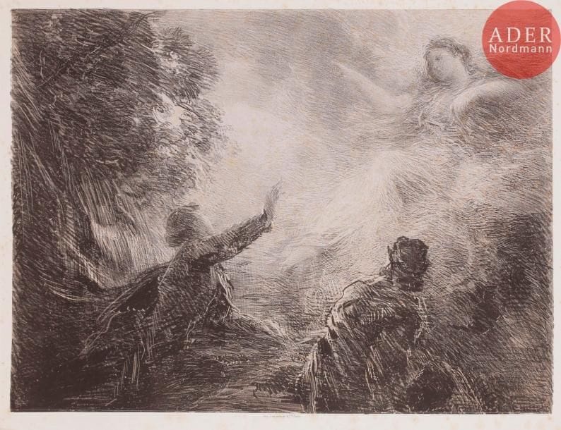 Henri FANTIN-LATOUR
La Fée des Alpes (1re pl.) (Robert Schumann, Manfred). 1873. Lithographie. 321 x 430. Hédiard-Mason 6. Belle épreuve sur chine appliqué, dédicacée et signée au crayon en pied puis titrée et annotée (ces mentions affaiblies, la signature légèrement entamée en pied). Fortes rousseurs claires éparses, auréole claire d’humidité dans l’angle inférieur gauche. Pli cassé oblique dans la marge inférieure. Belles marges (légèrement réduites).