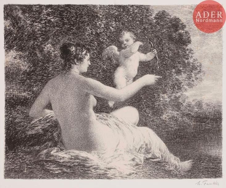 Henri FANTIN-LATOUR
Vénus et l’Amour (grande pl.). 1896. Autographie. 325 x 415. Hédiard-Mason 131 ; Johnson 39. Très belle épreuve sur chine appliqué, signée au crayon et numérotée dans l’angle inférieur droit. Empoussiérage et traces d’empreintes digitales en tête du feuillet. Petites traces de frottement en surface. Toutes marges. Tirage à 100 épreuves. A. Vollard éd. Joint : même sujet. Épreuve tirée sur la pierre brûlée, sur chine volant. Fortes rousseurs. Ens. 2 p.