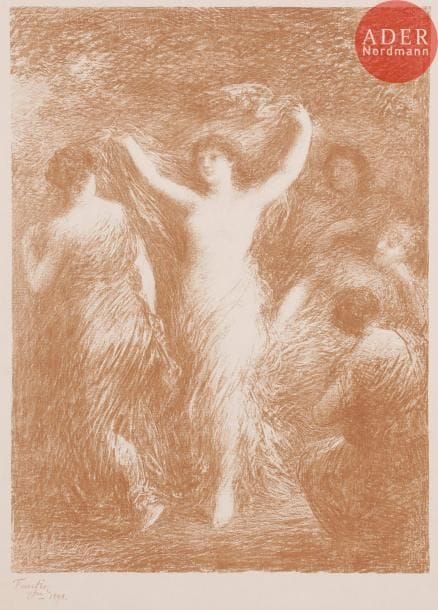 Henri FANTIN-LATOUR
Danses. 1898. Autographie. 437 x 323. Hédiard-Mason 140 ; Johnson 41-3. Très belle épreuve exceptionnellement tirée en bistre sur vélin crème. Fort empoussiérage marginal. Plis cassés en pied. Toutes marges. Tirage à 100 épreuves. A. Vollard éd.
