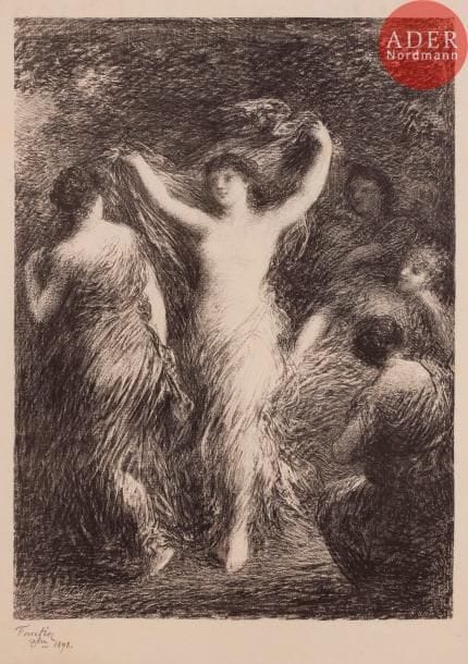 Henri FANTIN-LATOUR
Danses. 1898. Autographie. 437 x 323. Hédiard-Mason 140 ; Johnson 41-3. Très belle épreuve sur japon vergé. Fort empoussiérage marginal. Rousseurs et plis cassés. Toutes marges. Tirage à 100 épreuves. A. Vollard éd.