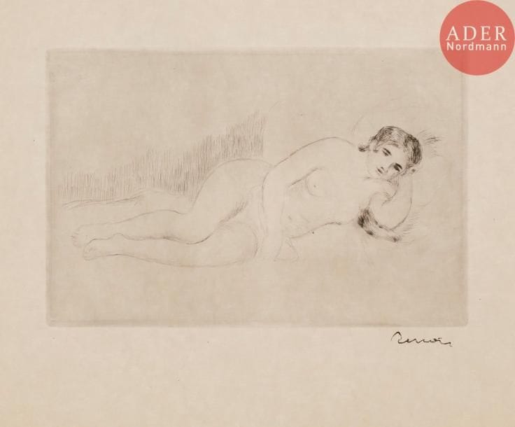 Pierre-Auguste RENOIR
Femme nue couchée (tournée à droite), 1re pl. Vers 1906. Pointe sèche. 128 x 195. Delteil, Stella 13. Très belle épreuve sur japon fort, timbrée (Lugt 2137a). Infime oxydation aux bords du feuillet. Toutes marges.