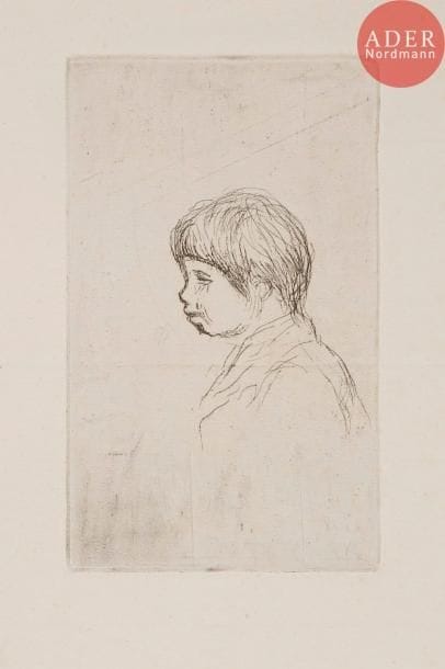 Pierre-Auguste RENOIR
Claude Renoir, fils de l’artiste, de profil. 1908. Eau-forte sur zinc. 153 x 90. Delteil, Stella 19. Réunion de 2 très belles épreuves, l’une sur vergé ancien, avec éraillures obliques dans la partie supérieure de la plaque, annotée en pied par H. M. Petiet au crayon « ii/iii », l’autre sur vergé moderne. Pli horizontal médian à la 1re. Toutes marges.