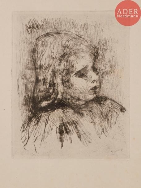Pierre-Auguste RENOIR
Claude Renoir, de trois-quarts à droite. 1908. Vernis mou sur zinc. 165 x 125. Delteil, Stella 18. Réunion de 2 très belles épreuves, l’une sur vélin ancien, avec petites inscriptions à la plume et à l’encre sépia au verso, l’autre tirée pâle sur chine volant. Infimes rousseurs et traces de plis. Toutes marges.