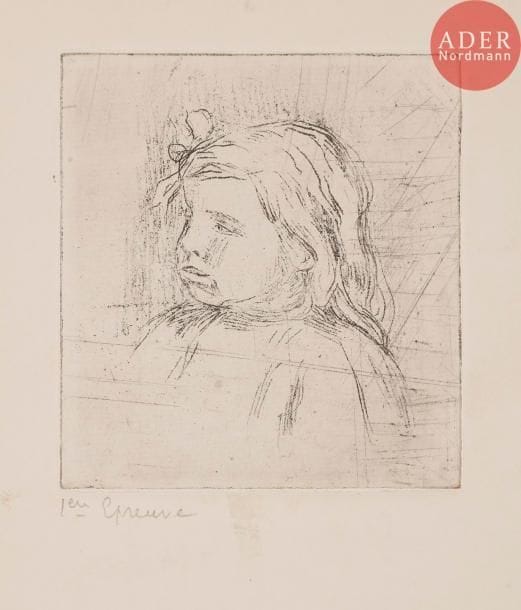 Pierre-Auguste RENOIR
Claude Renoir, de trois-quarts à gauche. 1908. Vernis mou sur zinc. 135 x 120. Delteil, Stella 19. Réunion de 4 très belles épreuves de différents états sur différents papiers, la 1re annotée au crayon « 1ere Epreuve ». Menues salissures et quelques plis de tirage à deux pl. Toutes marges.