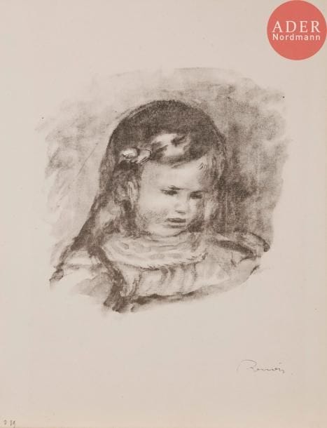 Pierre-Auguste RENOIR
Claude Renoir, la tête baissée. 1904. Autographie. 195 x 195. Delteil, Stella 39. Très belle épreuve sur vélin filigrané « Arches », avec la signature lithographiée sur une pierre additionnelle. Traces d’encre en tête au verso. Toutes marges non ébarbées.