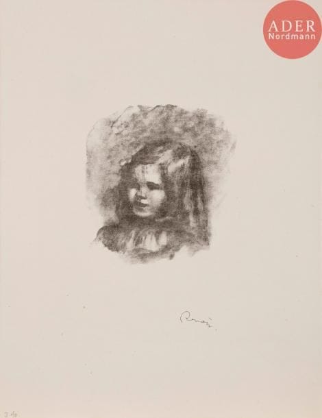 Pierre-Auguste RENOIR
Claude Renoir, tourné à gauche. 1904. Lithographie. 125 x 120. Delteil, Stella 40. Très belle épreuve sur vélin filigrané « Arches », avec la signature lithographiée sur une pierre additionnelle. Un infime point de rouille. Toutes marges non ébarbées.