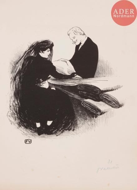 Félix VALLOTTON
Dernière nouveauté. 1893. Lithographie. 215 x 217. Vallotton et Goerg 44. Très belle épreuve sur vélin glacé crème, numérotée et signée au crayon bleu. Quelques rousseurs claires et léger empoussiérage dans l’angle supérieur droit et aux bords du feuillet. Toutes marges. Tirage à 100 épreuves. (Planche reproduite dans L’Escarmouche du 31 décembre 1893).