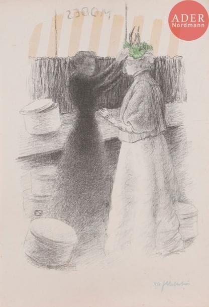 Félix VALLOTTON
Le Chapeau vert. 1896. Lithographie. 390 x 270. Vallotton et Goerg 54. Impression en couleurs. Très belle et fraîche épreuve sur chine volant, numérotée et signée au crayon bleu. Léger empoussiérage, menus accidents et déchirures aux bords du feuillet. Quelques fins plis de tirage épars. Tirage à 100 épreuves pour l’album Études de femmes. Édition de L’Estampe originale, Le Livre Vert, 57, rue de Seine, Paris.