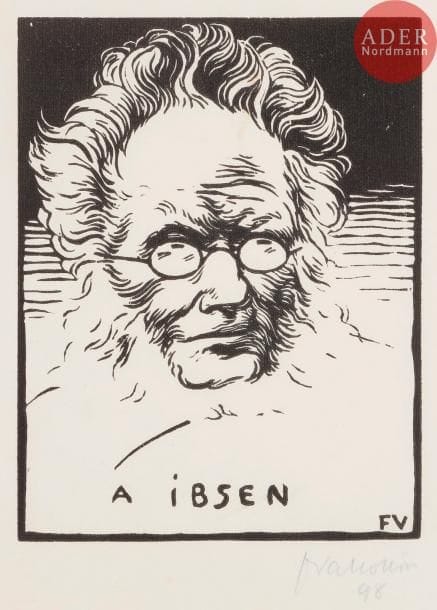 Félix VALLOTTON
À Berlioz. 1891 ; À Ibsen. 1894 ; À Stendhal. 1897. Bois gravé. 196 x 135, 159 x 124 et 159 x 125. Vallotton et Goerg 83 b, 136 a et 182 b. Très belles épreuves sur vélin, les deux 1res signées au crayon et au crayon bleu, cette dernière en outre numérotée. La 1re avec trace claire d’insolation à l’ouverture d’un ancien montage, déchirure oblique dans l’angle inférieur gauche, anciennement restaurée au verso, et infime arrachement dans l’angle supérieur gauche. Timbre au verso : Celni Urad Praha (bureau de douane de Prague). Ex-coll. A. Barrion (Lugt 76). La 3e avec menues salissures et traces d’encre. Toutes marges. Joint : Félix Vallotton (d’après). Napoléon. 1897. Reproduction du bois gravé. 156 x 124. Vallotton et Goerg 181. Très belle épreuve sur vélin glacé crème, du tirage effectué pour J. Meier-Graefe, Félix Vallotton, Paris, Sagot éd. Ens. 4 p.