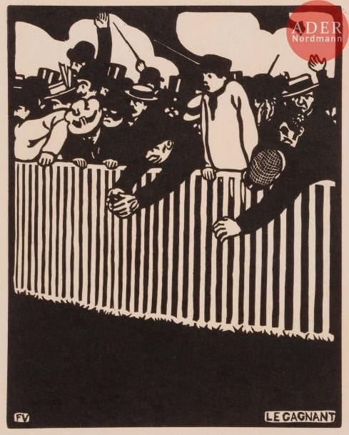 Félix VALLOTTON
Le Gagnant. 1898. Bois gravé. 224 x 178. Vallotton et Goerg 201 c ; Johnson 146. Très belle et fraîche épreuve sur japon, non signée comme à l’ordinaire. Très claire oxydation aux bords latéraux du feuillet. Toutes marges non ébarbées. A. Vollard éd.