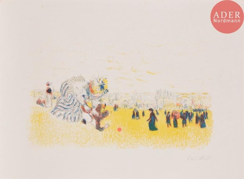 Édouard VUILLARD
Jeux d’enfants. 1897. Lithographie. 260 x 430. Roger-Marx 29 ; Johnson 154. Impression en couleurs. Très belle et fraîche épreuve sur chine volant, signée au crayon. Quelques rares rousseurs. Court pli cassé dans l’angle supérieur gauche. Toutes marges. Tirage à 100 épreuves pour l’Album d’estampes originales de la Galerie Vollard.