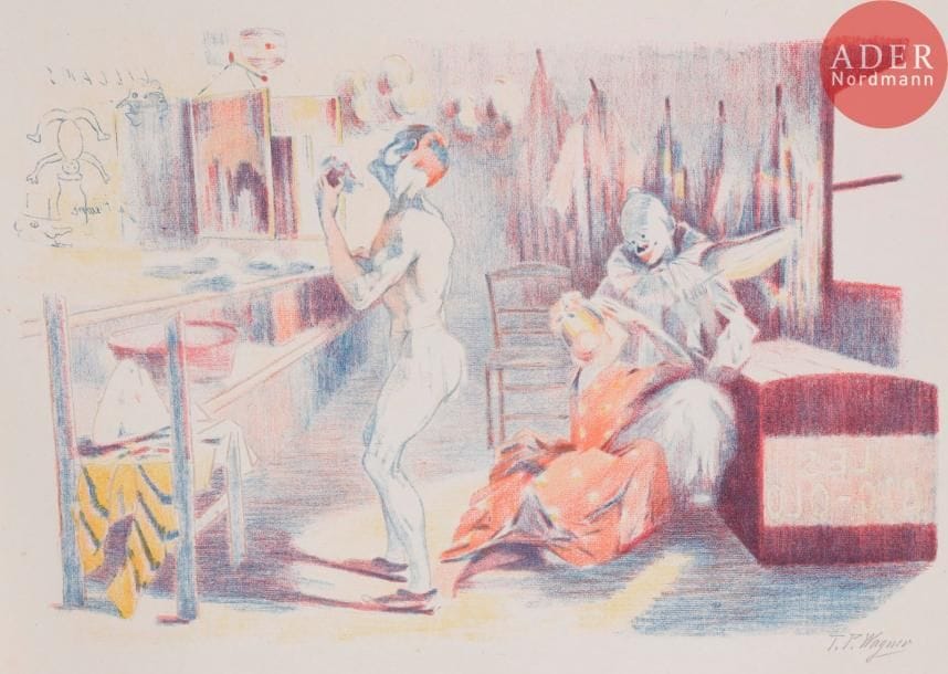 T. P. WAGNER
La Loge des clowns. 1897. Lithographie. 330 x 495. Johnson 158. Impression en couleurs. Très belle et fraîche épreuve sur chine volant, signée au crayon. Toutes marges.
