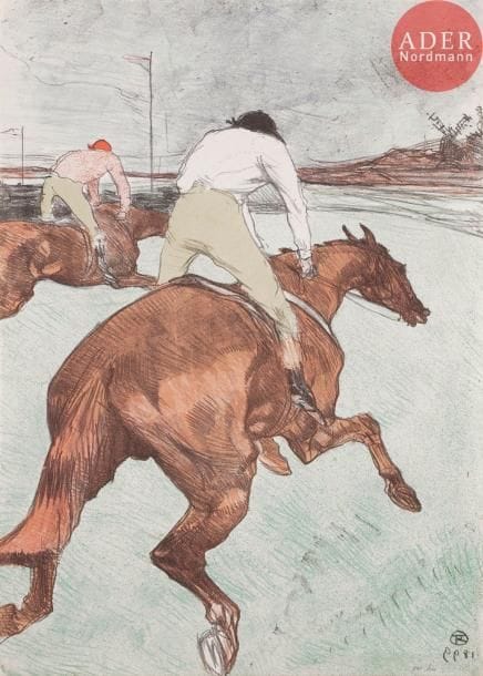 Henri de TOULOUSE-LAUTREC
Le Jockey. 1899. Lithographie. 518 x 363. Delteil 279 ; Wittrock 308. Impression en couleurs. Superbe épreuve sur chine volant, les couleurs d’une exceptionnelle fraîcheur, tirée pleines marges comme à l’ordinaire. Petite inscription au crayon en pied à droite (« 221 hm »). Fin pli horizontal à 10 mm du bord inférieur (visible uniquement en lumière rasante). Une petite rousseur au verso, légèrement visible au recto sous la patte avant droite du cheval. Tirage à 100 épreuves sur ce papier (en outre 12 sur japon).