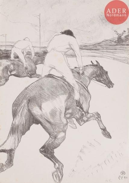 Henri de TOULOUSE-LAUTREC
Le Jockey. 1899. Lithographie. 516 x 362. Delteil 279 ; Wittrock 308. Très belle et fraîche épreuve, l’une des 70 tirées en noir sur chine volant, pleines marges comme à l’ordinaire. Petite inscription au crayon en pied à droite (« 374 hm »). Quelques rousseurs claires éparses. Deux petits restes de papier gommé au bord gauche au verso, avec petits plis consécutifs légèrement visibles au recto.