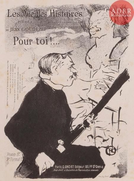 Henri de TOULOUSE-LAUTREC
Pour toi ; Nuit blanche ; Ultime Balade. 1893. Lithographie. [320 x 250]. Delteil 19, 20 et 23 ; Wittrock 6, 8 et 10. Très belles épreuves sur chine volant ou simili-japon, la dernière sans lettre. Rousseurs claires éparses. Toutes marges. Joint : La Terreur de Grenelle. 1894. Lithographie. 168 x 109. Delteil 72 ; Wittrock 66. Belle épreuve sur chine volant, tirée en noir bistré sur chine volant, sans lettre. Rousseurs claires. Toutes marges. Ens. 4 p.