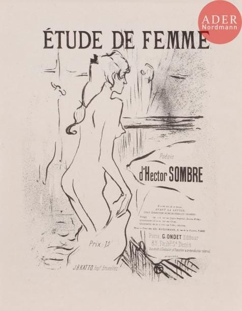Henri de TOULOUSE-LAUTREC
Étude de femme. (Titre de mélodie). 1893. Lithographie. 255 x 197. Delteil 24 ; Wittrock 11. Très belle épreuve sur chine volant, tirée en noir, avec la lettre, du tirage avec le texte supplémentaire « J. B. Katto Rept Bruxelles ». Toutes marges.