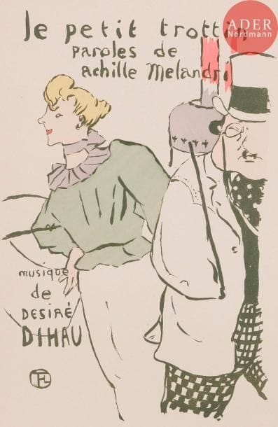 Henri de TOULOUSE-LAUTREC
Le Petit trottin. 1893. Lithographie. 270 x 195. Delteil 27 ; Wittrock 14. Parfaite épreuve tirée en vert olive sur vélin, coloriée au pochoir, d’un tirage effectué après 1901. Toutes marges.