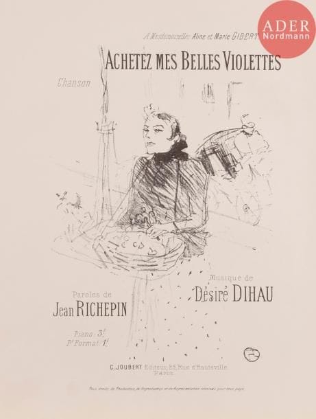 Henri de TOULOUSE-LAUTREC
Mélodies de Désiré Dihau. 1895-1896. Lithographie. [325 x 250]. Delteil 129 à 142 ; Wittrock 124 à 137. Suite complète de 14 pl. Très belles épreuves sur vélin crème, avec la lettre, du tirage de 1935. W. 124 très empoussiérée, avec pli cassé dans l’angle inférieur gauche et fortes rousseurs. Quelques rousseurs aux autres pl. Toutes marges.