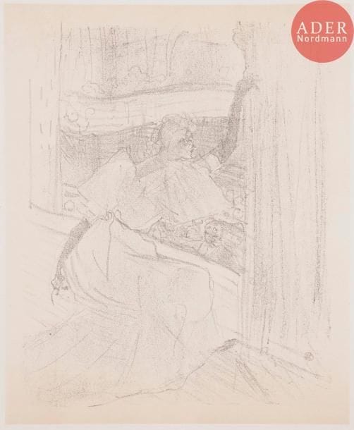 Henri de TOULOUSE-LAUTREC
Yvette Guilbert – saluant le public. (Pl. 9 de l’album Yvette Guilbert, Bliss, Sons and Co éd.). 1898. Lithographie. 322 x 264. Delteil 260 ; Wittrock 279. Impression avec pierre de teinte beige. Très belle épreuve sur vergé fort blanc, du 1er tirage. Léger empoussiérage aux bords du feuillet. Toutes marges.