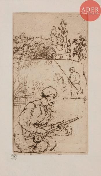 Sir Francis SEYMOUR HADEN
 Bank-holiday Fishing. 1887. Eau-forte. 171 x 90. Harrington 231 ; Schneiderman 216. Très belle épreuve sur vergé, timbrée (Lugt 1048).