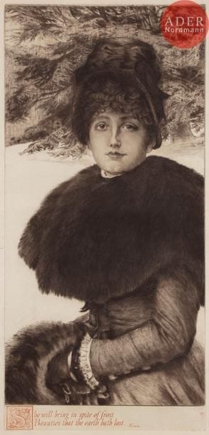 James-J.-J. TISSOT
 Promenade dans la neige. 1880. Eau-forte et pointe sèche. 566 x 267. Wentworth 48. Très belle et fraîche épreuve sur vergé crème, du 2e état (sur 3), avec la lettre tirée en rouge, timbrée (Lugt 1545). Très claires rousseurs et trace d’oxydation. Courte déchirure et plis cassés au bord inférieur gauche du feuillet. Toutes marges.