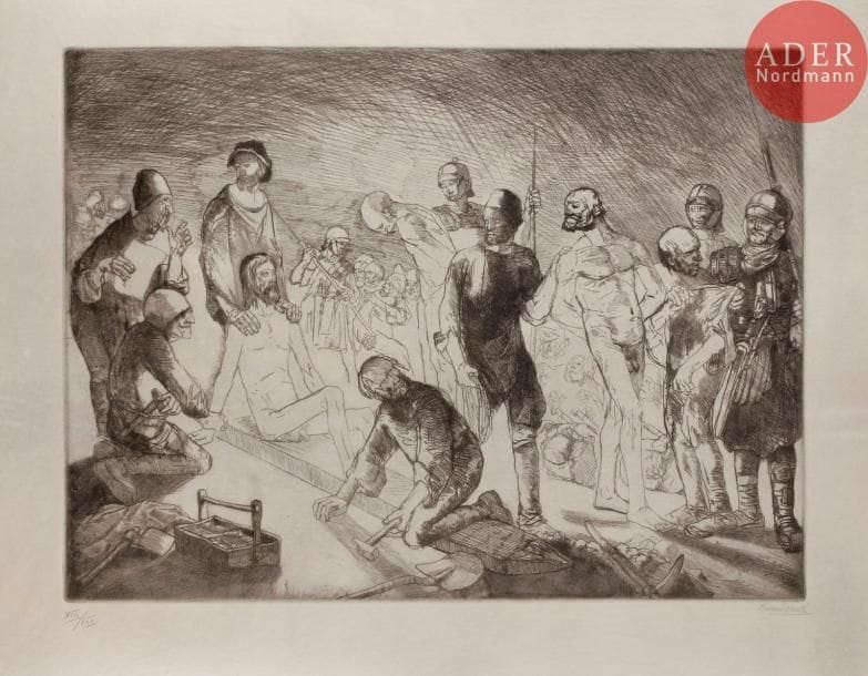 Bernard NAUDIN
 La Mise en croix. 1911. Eau-forte et burin. 385 x 519. Poncetton xxxiv. Très belle épreuve sur parchemin, l’une des 25 numérotées en chiffres romains, signée au crayon. Plis souples et légères rousseurs aux bords du feuillet. Toutes marges.