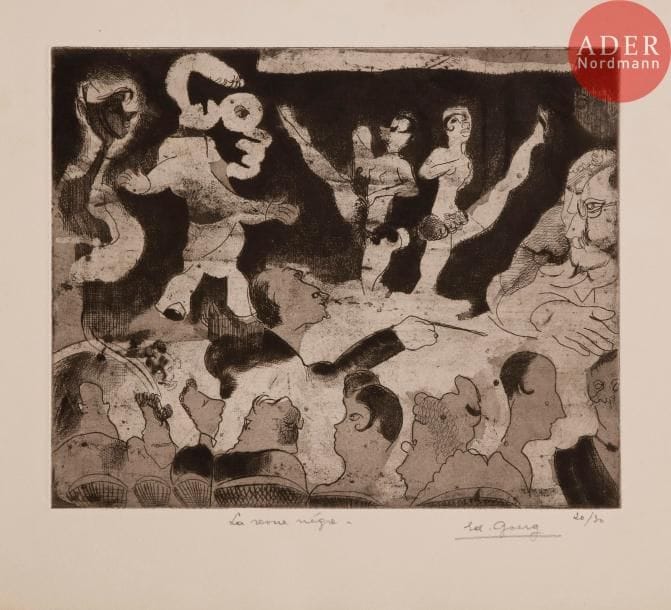 Édouard GOERG
La Gaîté Montparnasse ; La Revue Nègre. 1925-1926. Eau-forte. 197 x 138 et 197 x 246. I.F.F. 63 et 76. Très belles épreuves sur vélin, titrées, signées et numérotées au crayon. Rousseurs claires éparses à la 1re. Toutes marges. Tirage à 30 épreuves. Ens. 2 p.